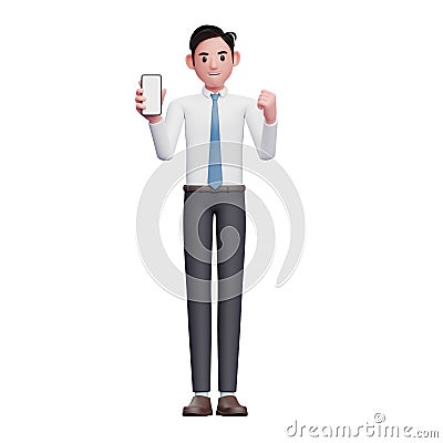 3d Businessman in white shirt doing winning gesture with showing phone screen Cartoon Illustration