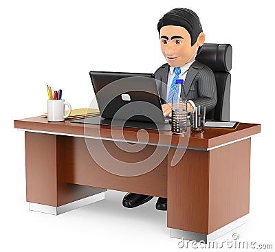 3D Businessman working in the office with his laptop Stock Photo