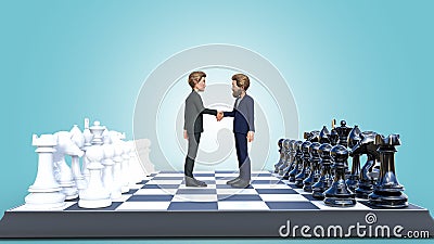 3dillustration rendering. Businessmen standing on a chess board and two of them shaking hands Stock Photo