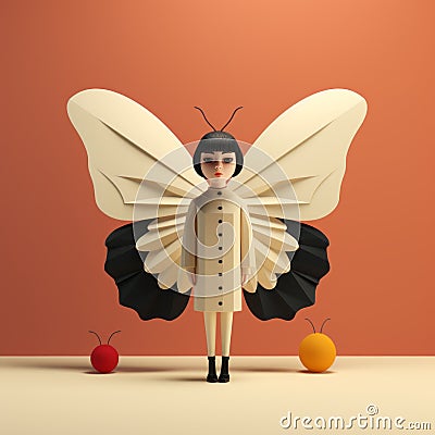 Minimalist 3d Female Butterfly Paper Illustration With Surrealistic Elements Cartoon Illustration