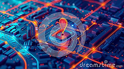 3D button placed on top of an isometric GPS tracking map. Concept of navigation, tracking, and digital mapping Stock Photo