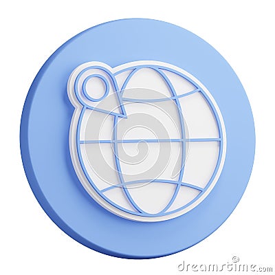 3D button rendering of globe with checkpoint mark. Navigation on map using GPS system. Realistic blue white PNG illustration Cartoon Illustration