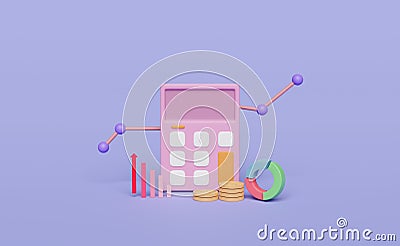 3D calculator icon with coins stack, charts graph isolated on purple background. analytics calculating financial risk concept, 3d Cartoon Illustration