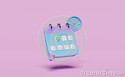 3d calendar with clock, checkmark icons, marked date, notification bell isolated on pink background. schedule appointment concept Cartoon Illustration