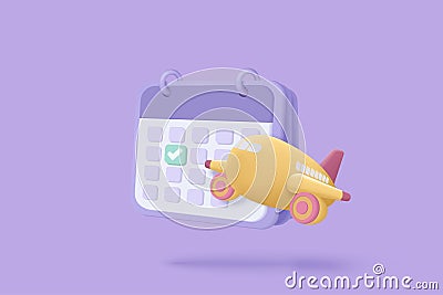 3d calendar marked date for booking ticket plane day on travel holiday. Calendar with mark for schedule appointment, event day, Vector Illustration