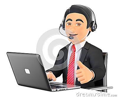 3D Call center employee working with thumb up Cartoon Illustration