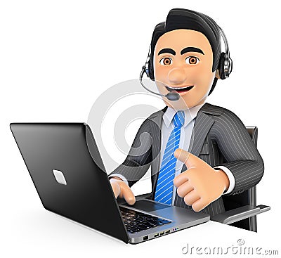 3D Call center employee working with thumb up Stock Photo