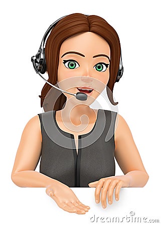 3D Call center operator with headphones pointing down Cartoon Illustration