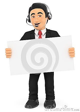 3D Call center worker standing with a blank poster Cartoon Illustration