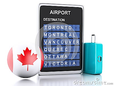 3d Canada airport board and travel suitcases on white backgroun Cartoon Illustration
