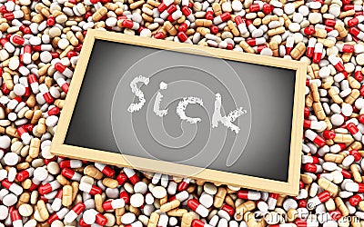 3d Capsules and chalkboard with text Stock Photo