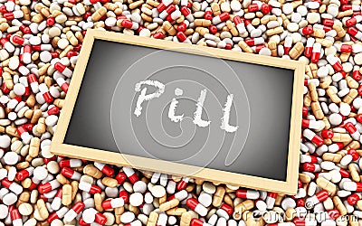 3d Capsules and chalkboard with text Cartoon Illustration