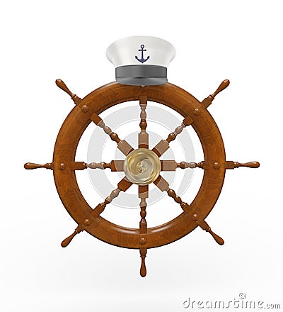 3d captain cap on wooden ship steering wheel Cartoon Illustration
