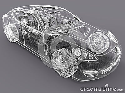 3D car wireframe design Cartoon Illustration