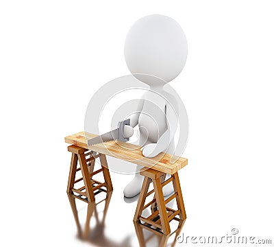 3D Carpenter cutting wood with handsaw. Stock Photo