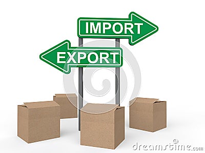 3d carton boxes and import export sign boards Stock Photo