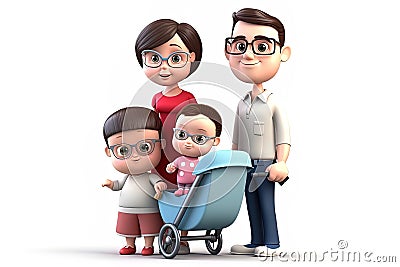 3D cartoon, academic family, nerd family. Young parents with two children isolated on white background Stock Photo