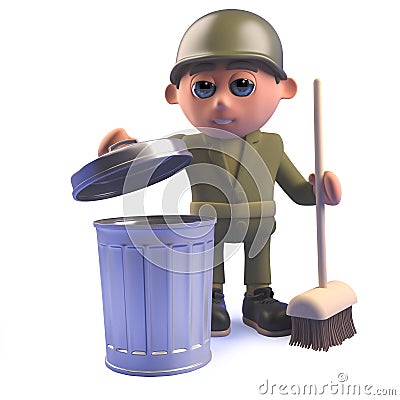 3d cartoon army soldier character with broom and trash can Stock Photo