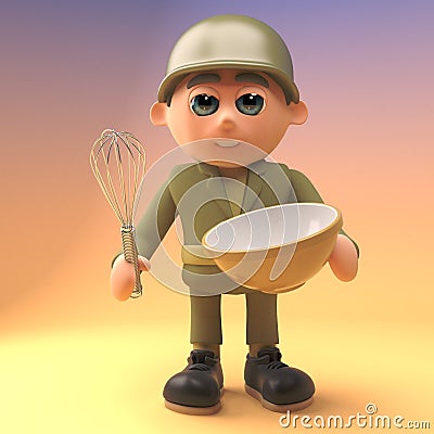 3d cartoon army soldier in military uniform mixing a cake in a bowl with a whisk, 3d illustration Cartoon Illustration