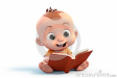 3d cartoon baby reading book with images. Generate Ai Stock Photo