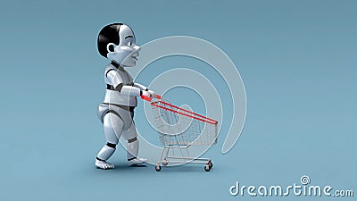 3D cartoon baby robot shopping Stock Photo