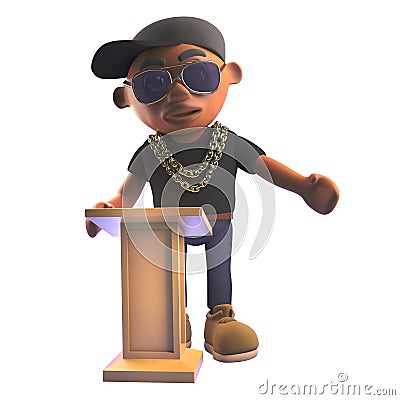 3d cartoon black hiphop rap artist character in baseball cap teaches at the lectern, 3d illustration Cartoon Illustration