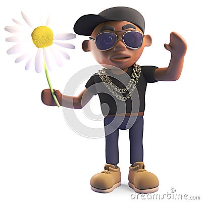 3d cartoon black hiphop rapper in baseball cap holding a daisy flower, 3d illustration Cartoon Illustration