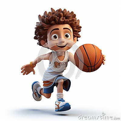 3d Cartoon Boy Running With Basketball - Ivory Style Illustration Stock Photo