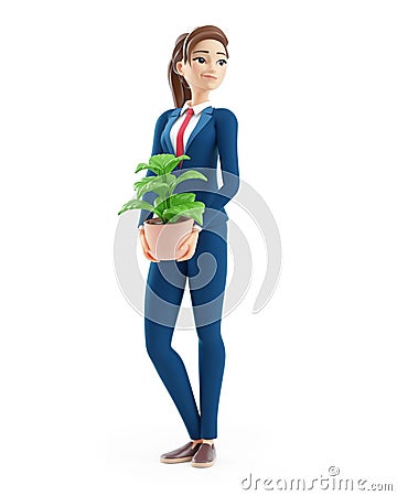 3d cartoon businesswoman carrying potted plant Cartoon Illustration