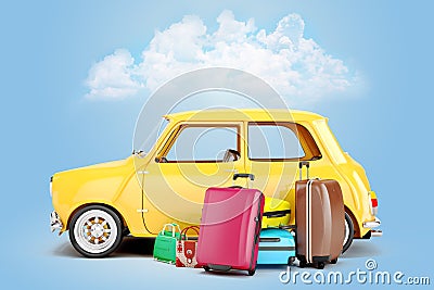 3d cartoon car and luggage Stock Photo