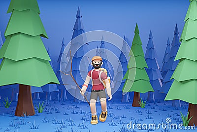 3D cartoon character Backpacker trekking to study nature of tropical forest for ecotourism, survivalist Stock Photo