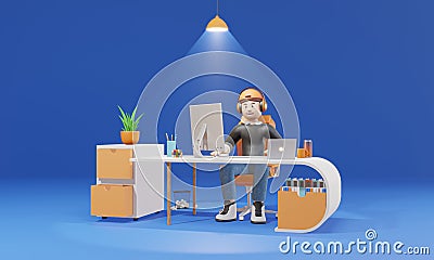 3D cartoon character businessman with Computer and laptops, sitting in desk isolate blue background Stock Photo