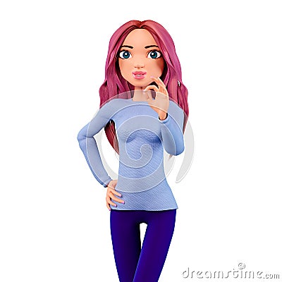 3d Cartoon character with OK gesture. Cartoon woman shows okay sign, isolated on white background. Positive young woman Stock Photo