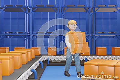 3D cartoon character Worker moving goods in factory Stock Photo