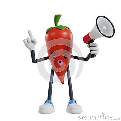 3d cartoon chili character raising finger as warning sign while talking using megaphone Cartoon Illustration