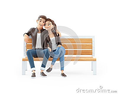 3d cartoon couple in love sitting on public bench Cartoon Illustration