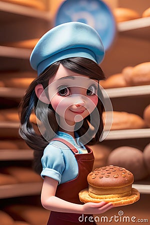 3d cartoon cute young girl baker at the bakery with breads. generative AI Stock Photo