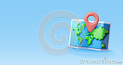 3D cartoon folded world map with location pin Vector Illustration