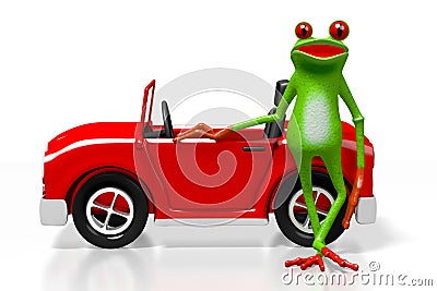 3D cartoon frog and a car Stock Photo