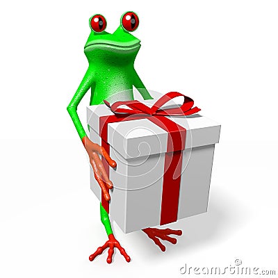 3D cartoon frog and gift box Stock Photo