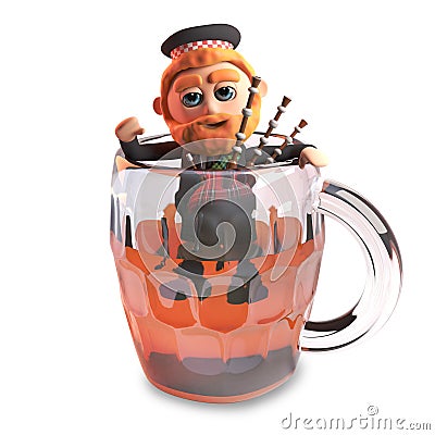 3d cartoon funny Scottish man with red beard and tartan kilt climbs out of a pint of beer with his bagpipes, 3d illustration Cartoon Illustration