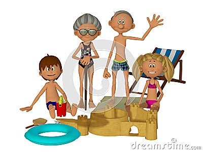 3d cartoon grandparents with kids on the beach Stock Photo