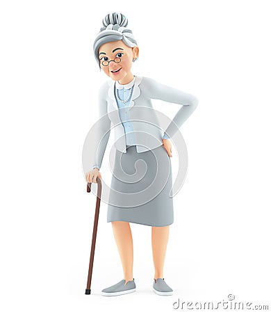 3d cartoon granny standing with cane Cartoon Illustration