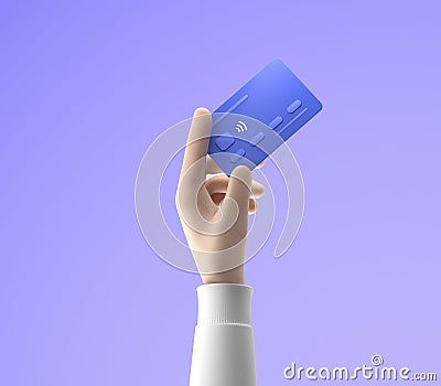 3d cartoon hand holding bank credit card isolated over blue background, online payments and payment concept Cartoon Illustration