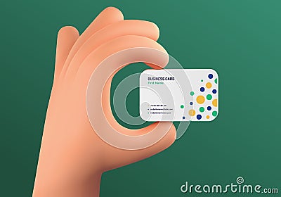 3d cartoon hand holding business card template on dark green background vector illustration. Visit card in funny arm Vector Illustration