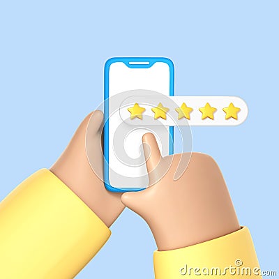 3D cartoon hand leave feedback on phone screen. Hand holding with five star rating on smartphone. Positive user review, rate, Vector Illustration