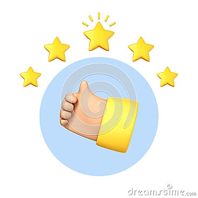 23D cartoon hand thumb up for success or good feedback. Positive concept and like symbol. Customer review rating and client Vector Illustration