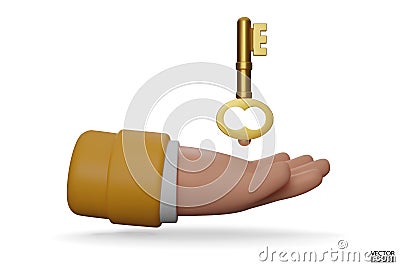 3d cartoon hand with yellow sleeve holding the gold keys mortgage loan. Real estate agents give keys. Rent housing banner template Vector Illustration