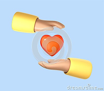 3D cartoon hands holding red heart. Concept of charity, love, healthcare. Palms hold heart symbol. Vector 3d Illustration Vector Illustration