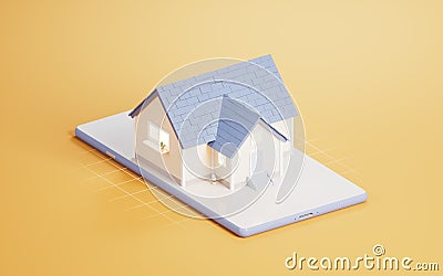 3D cartoon house with mobile phone, 3d rendering Stock Photo